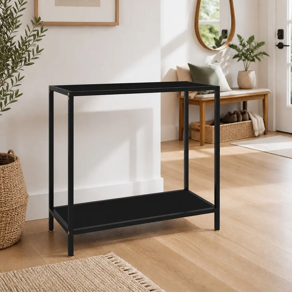 Black Glass Top Console Table with Storage Shelf