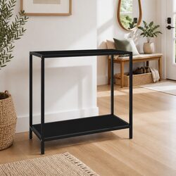 Black Glass Top Console Table with Storage Shelf