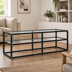 Sleek Black TV Cabinet with Glass Shelving