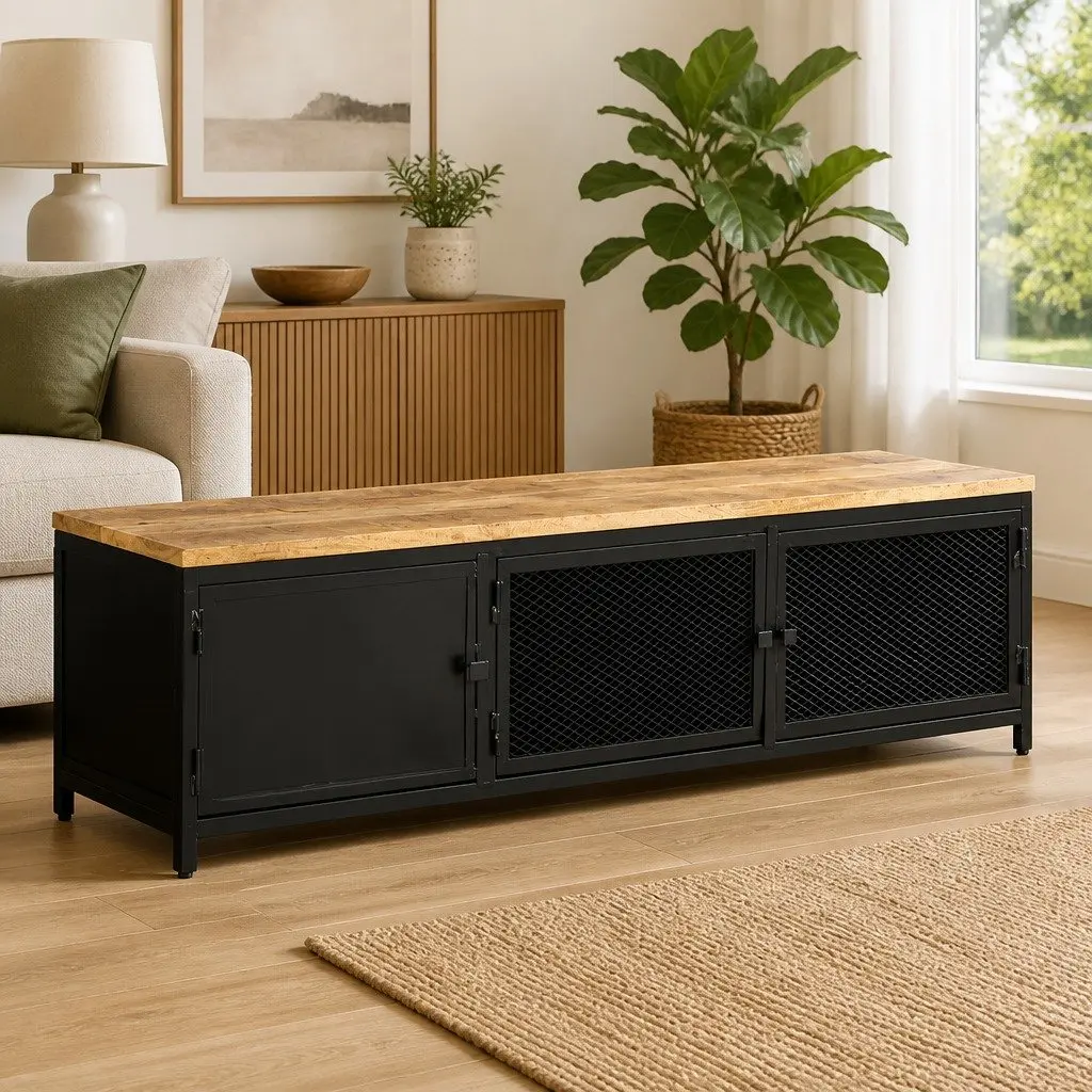 TV Cabinet Industrial Black 130x30x37 cm Solid Mango Wood