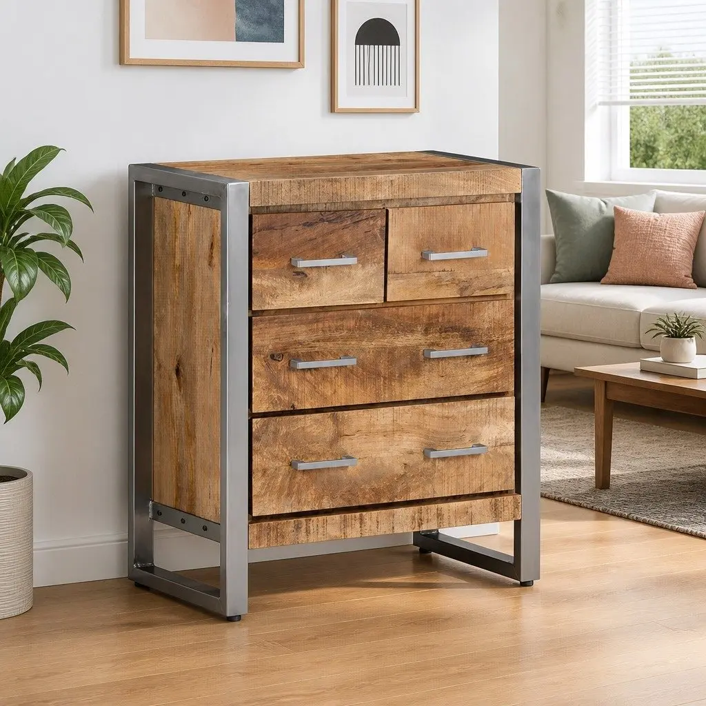 Sideboard 60x35x70 cm Brown Rough Mango Wood Storage Cabinet Four Drawers