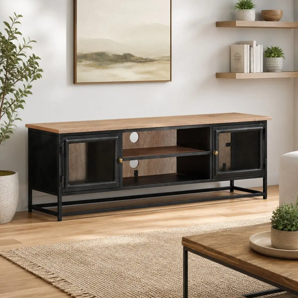 Grey Acacia Wood TV Cabinet 120x30x40cm with Steel Legs