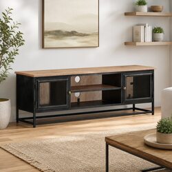 Grey Acacia Wood TV Cabinet 120x30x40cm with Steel Legs