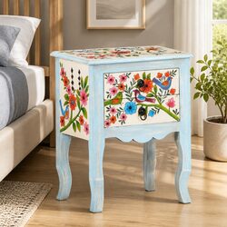 Hand-Painted Multicolour Bedside Cabinet in Solid Mango Wood