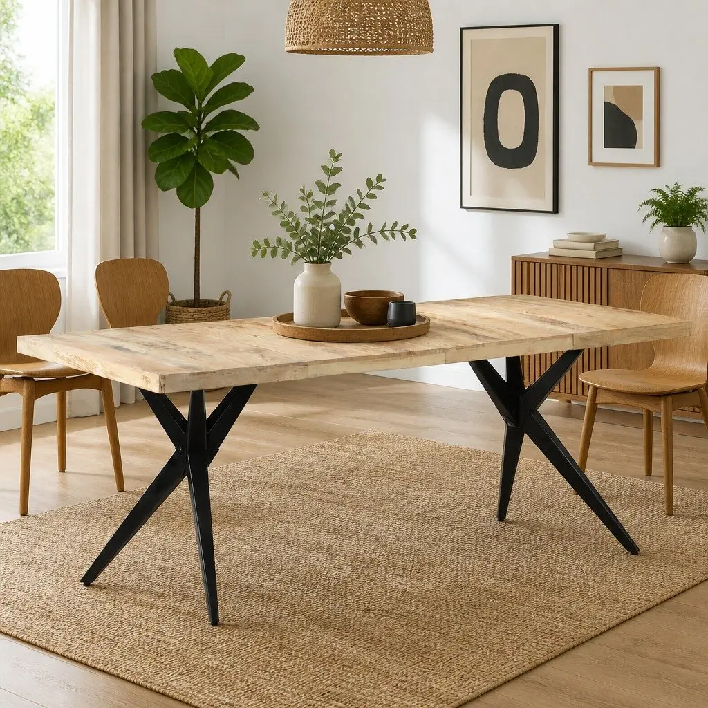 Dining Table Rough Mango Wood with Steel Frame 200x90x76cm for Kitchen and Dining Room