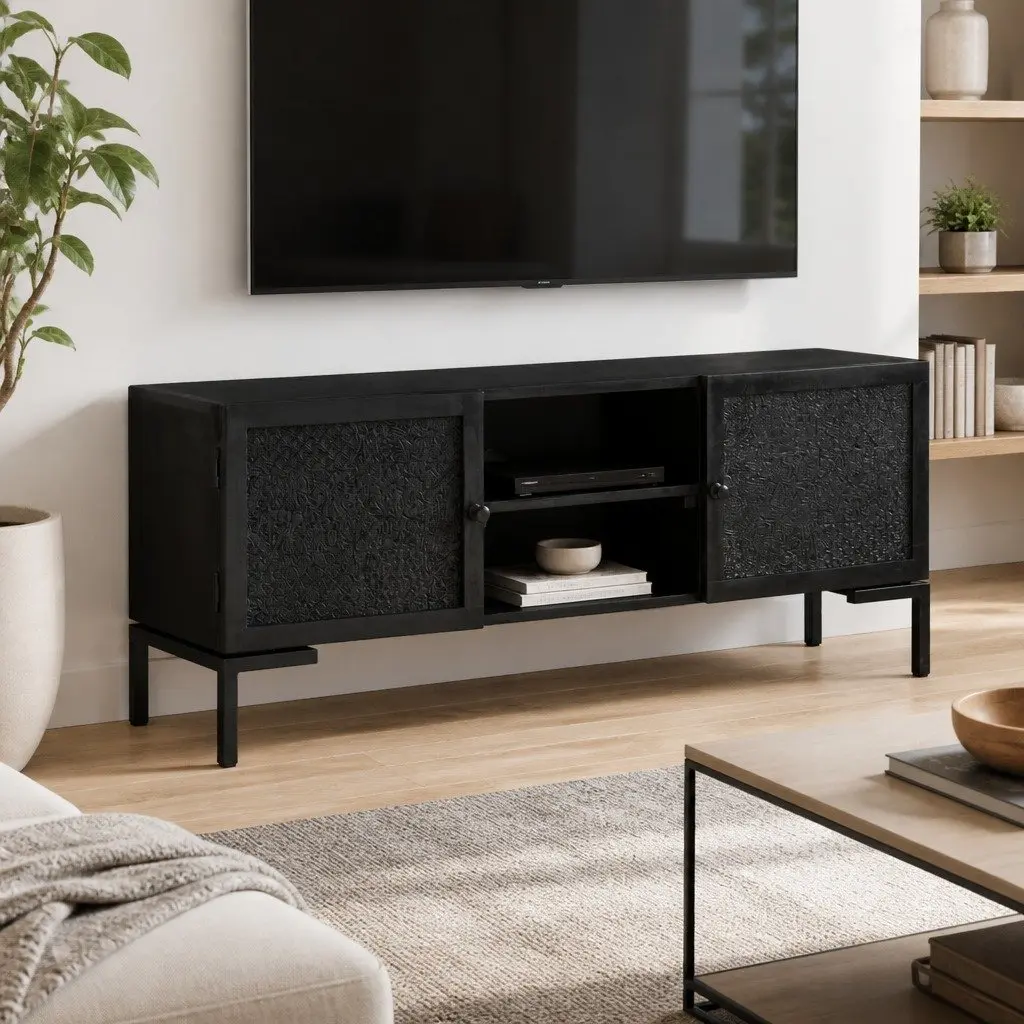 Black Solid Wood TV Cabinet with Storage Shelves