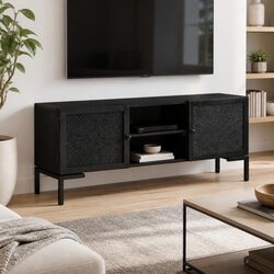Black Solid Wood TV Cabinet with Storage Shelves