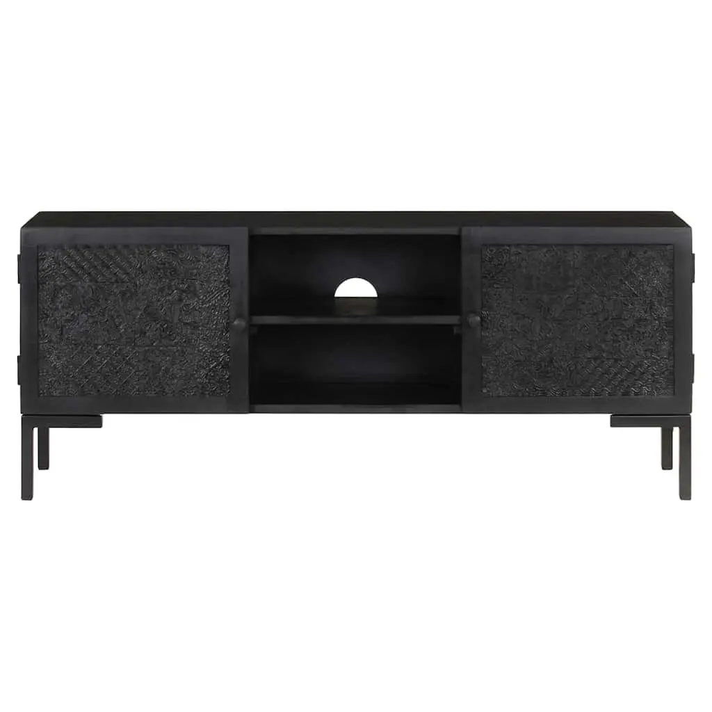 Black Solid Wood TV Cabinet with Storage Shelves