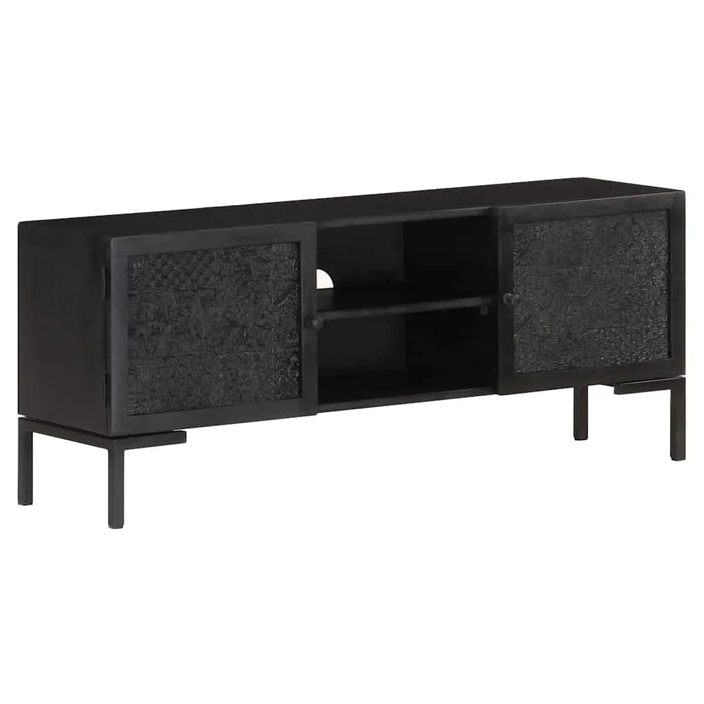 Black Solid Wood TV Cabinet with Storage Shelves