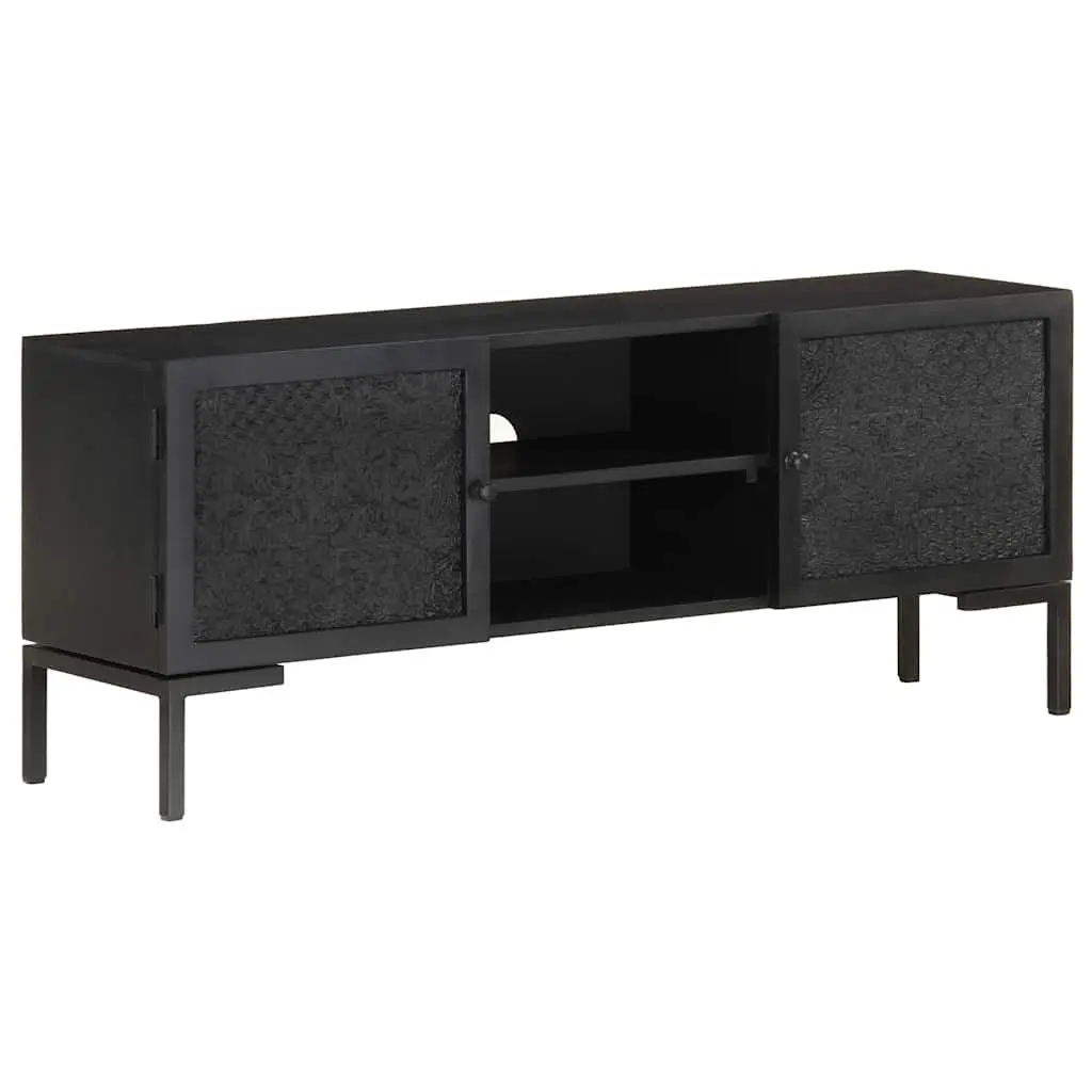 Black Solid Wood TV Cabinet with Storage Shelves
