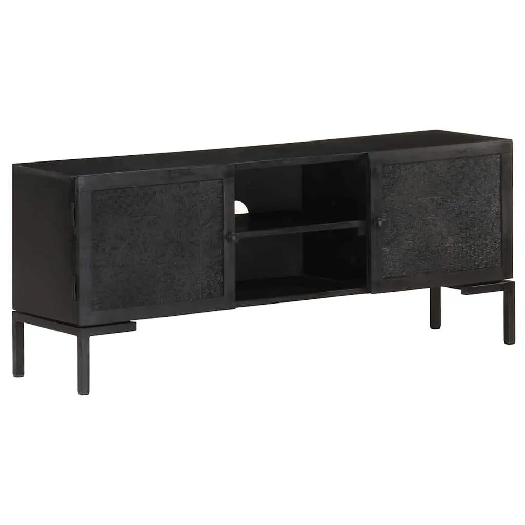 Black Solid Wood TV Cabinet with Storage Shelves