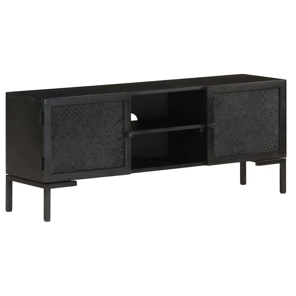 Black Solid Wood TV Cabinet with Storage Shelves