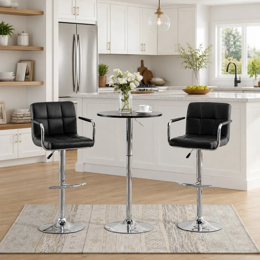 Set of 2 Black Faux Leather Bar Stools with Adjustable Height