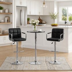 Set of 2 Black Faux Leather Bar Stools with Adjustable Height