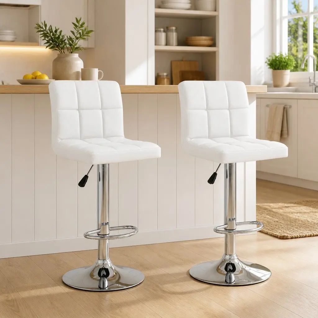 Bar Stools 2 pcs White Faux Leather Adjustable Height Gas Lift Chromed Steel