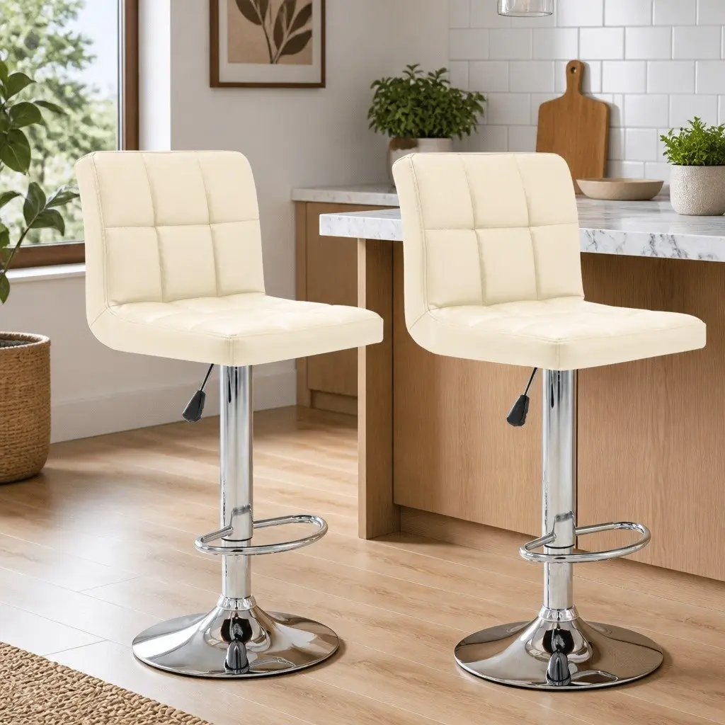 Cream Faux Leather Bar Stools Set of 2 with Footrest