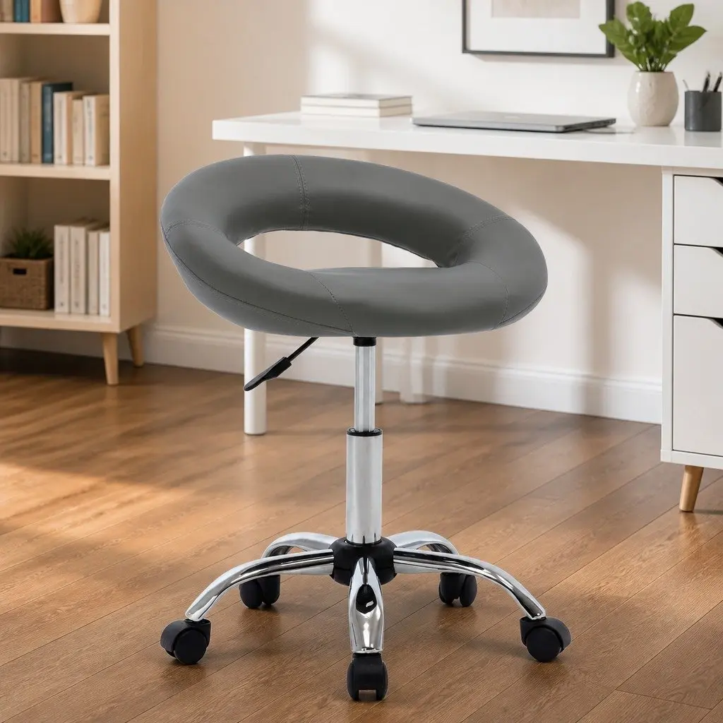 Grey Faux Leather Rolling Office Chair Adjustable Height Padded Backrest 360 Degree Swivel Wheels