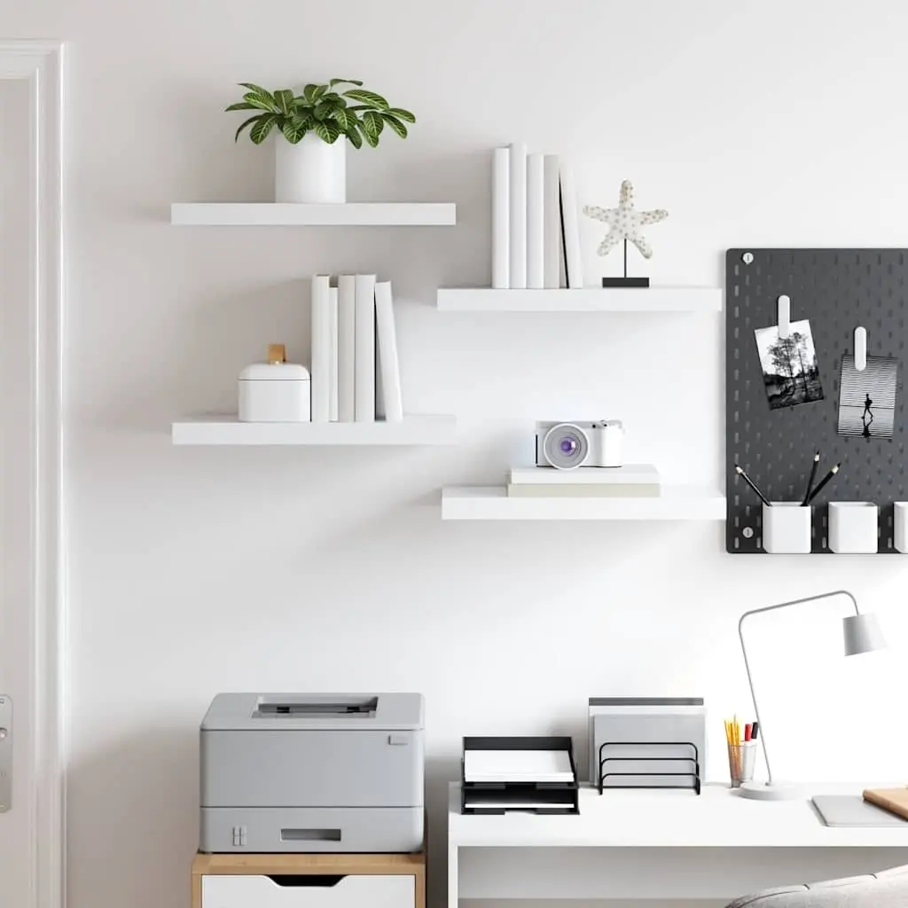 Floating Wall Shelves White 4 Piece Set MDF with Metal Frame