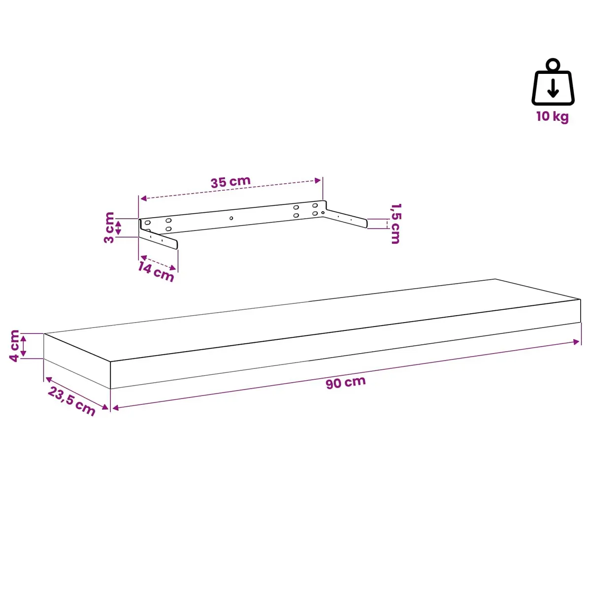 Floating Wall Shelf White Display Ledge 90 x 23.5 x 3.8 cm Metal Honeycomb MDF