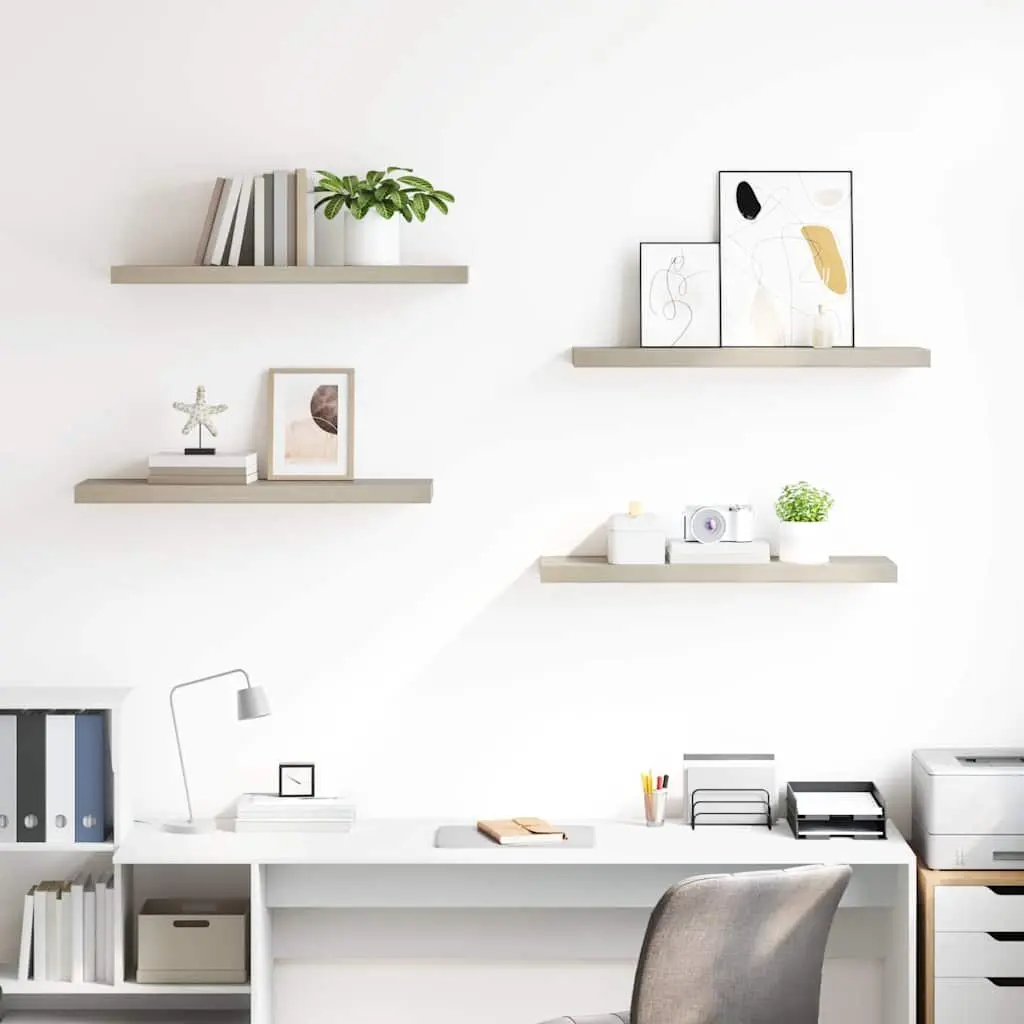 Floating Wall Shelves Oak Brown 4 Piece Set Honeycomb MDF Metal Frame