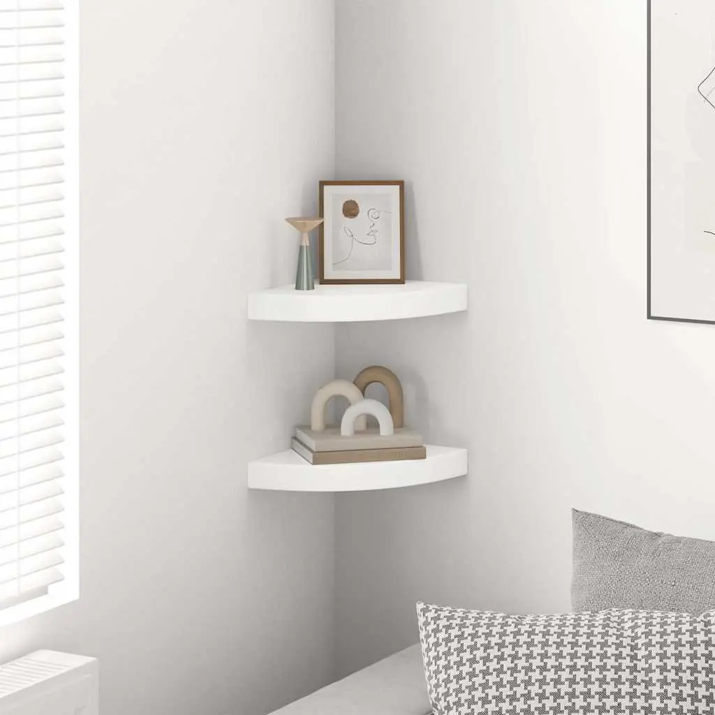 Floating Corner Wall Shelves White High Gloss 25x25x3.8cm MDF Metal Set