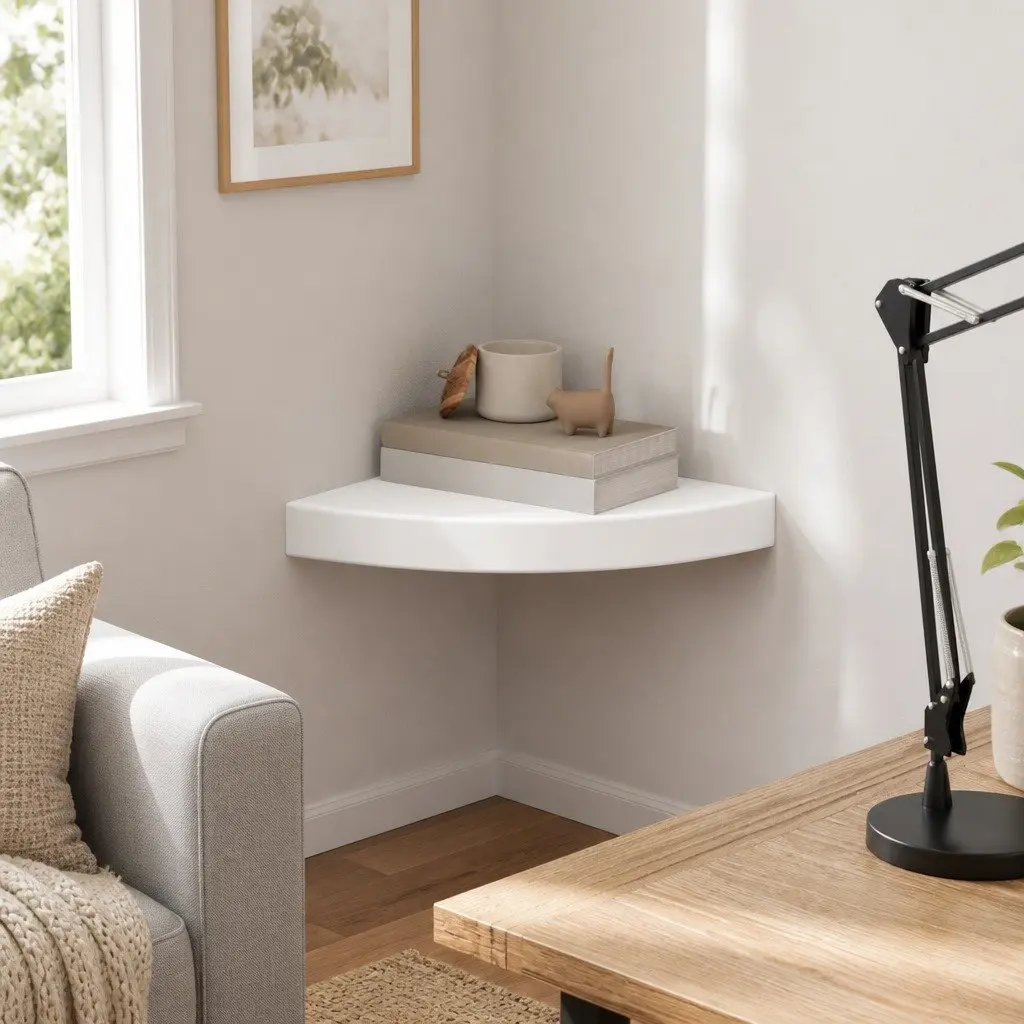 Floating Corner Wall Shelf White Honeycomb MDF 25 x 25 x 3.8 cm