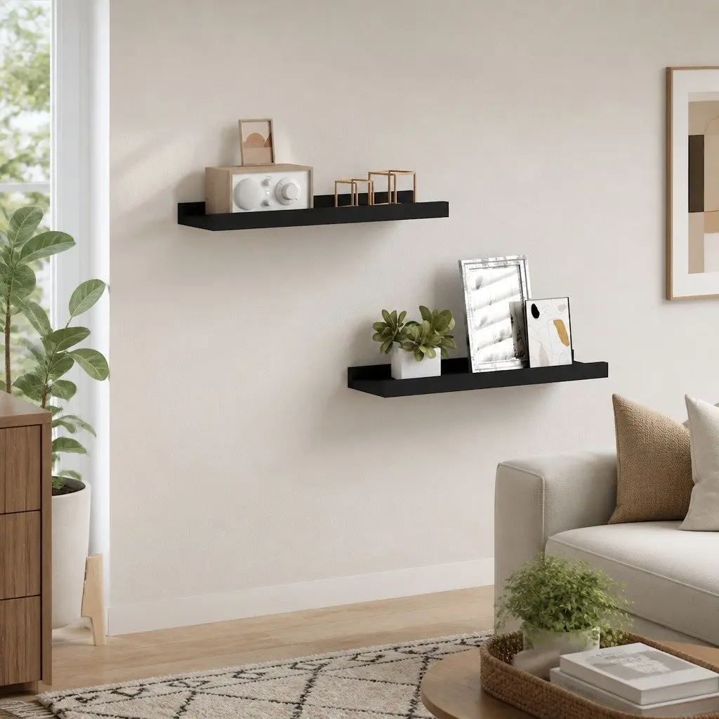 Wall Mounted Picture Ledge Shelves Black 40x9x3cm Lacquered MDF Board 2 Piece