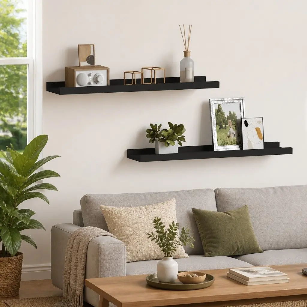 Picture Frame Ledge Shelves Black 60x9x3cm MDF 2 Piece Wall Mounted Display Shelf