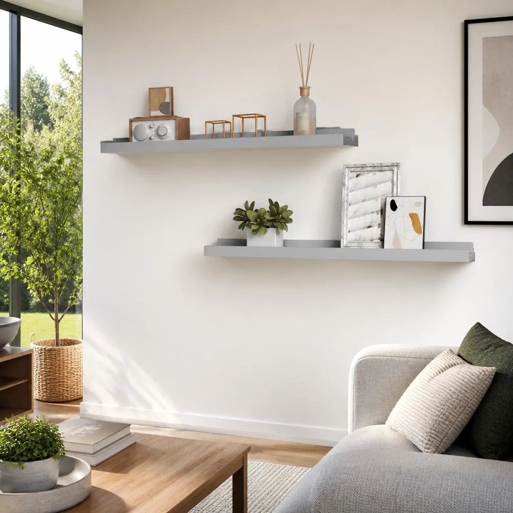 Picture Frame Ledge Shelves Grey 60x9x3cm MDF 2 Piece Wall Mounted Display Shelf