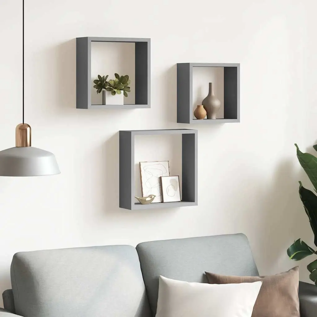 Wall Cube Shelves Grey 3 Piece MDF Storage Organiser Display Floating Corner Unit