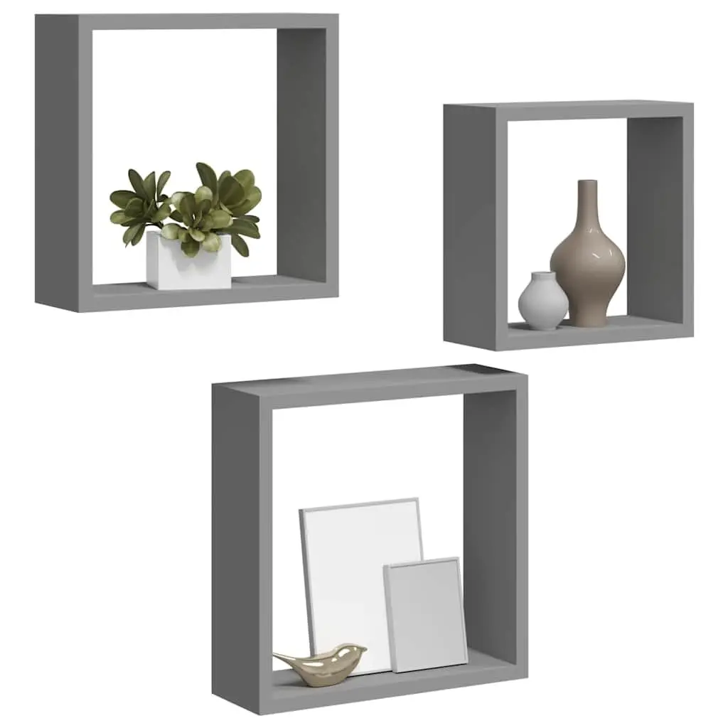 Wall Cube Shelves Grey 3 Piece MDF Storage Organiser Display Floating Corner Unit