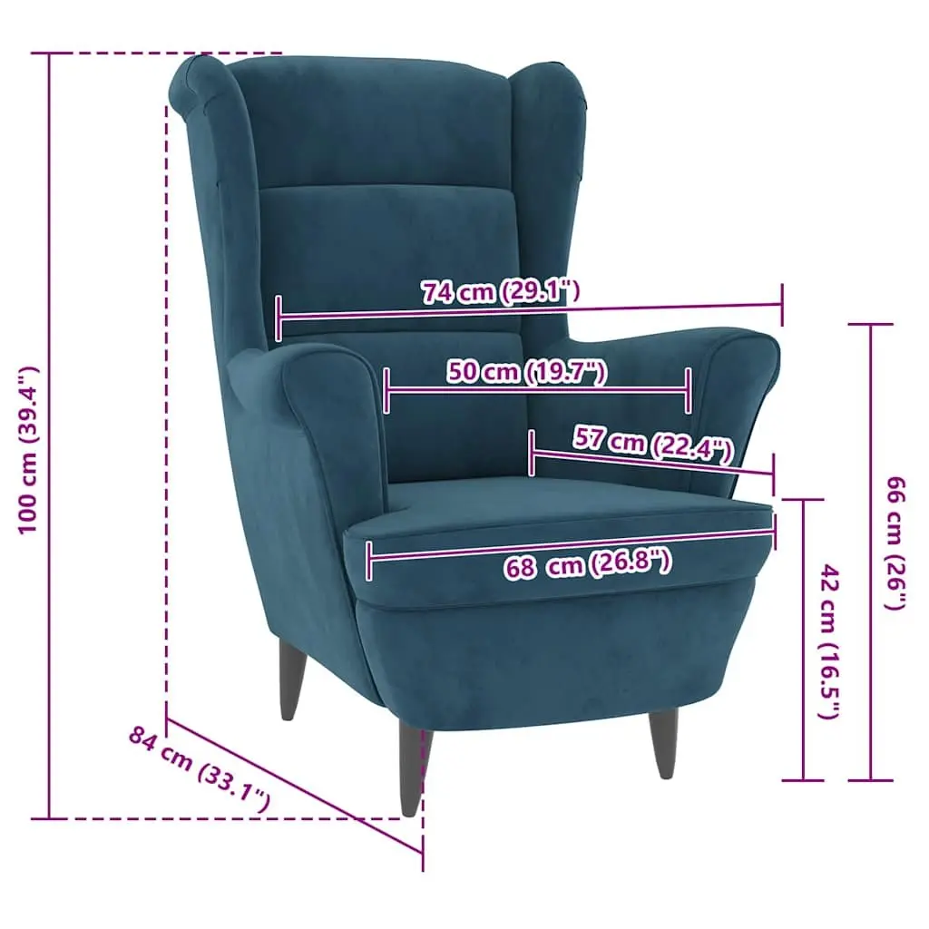 Armchair Blue Velvet Upholstered Sofa Chair Padded Backrest Living Room