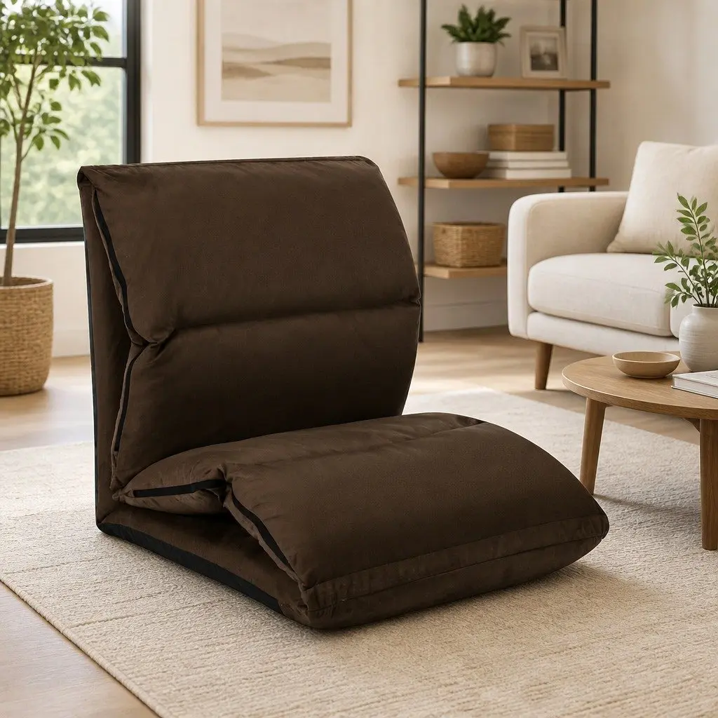 Adjustable Compact Folding Lounger Chair Indoor Outdoor Brown Microfibre