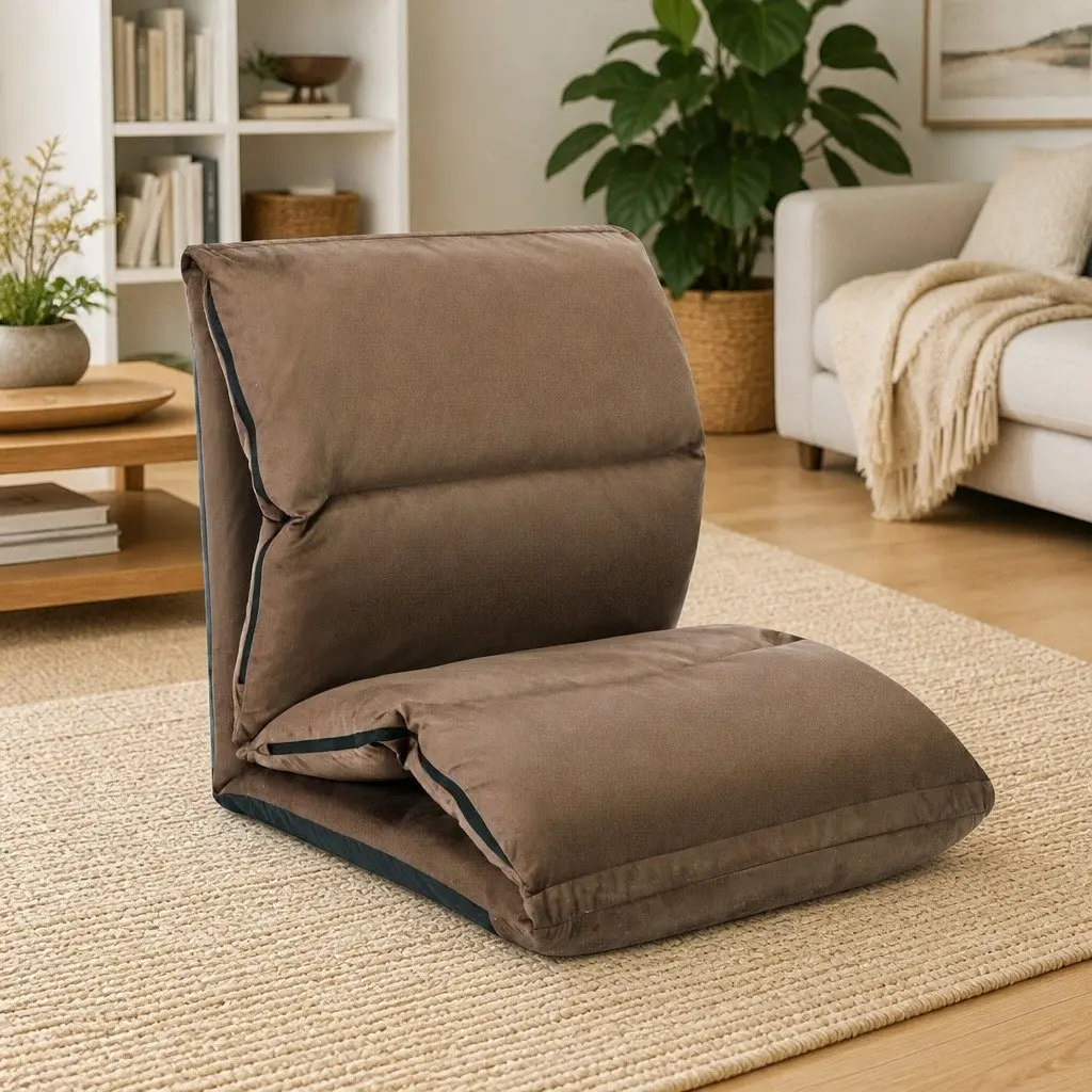Folding Floor Chair Taupe Adjustable Recliner Compact Microfibre