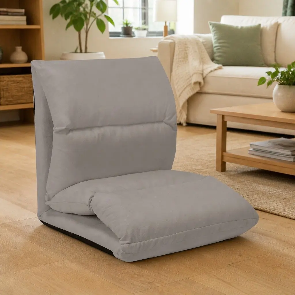 Folding Floor Chair Lounger Adjustable Chaise Grey Microfibre