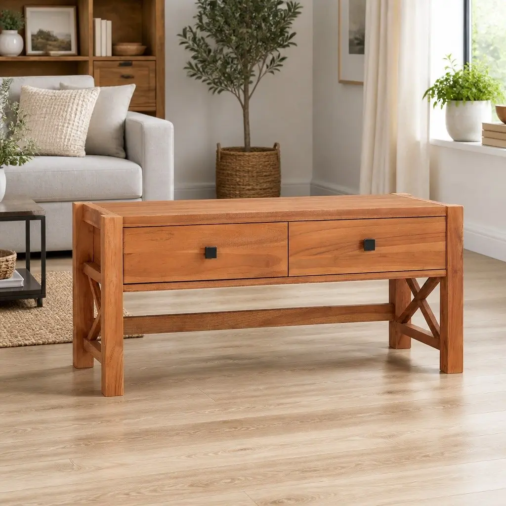 TV Cabinet Teak Wood 100x40x45 cm Storage Unit with Drawers