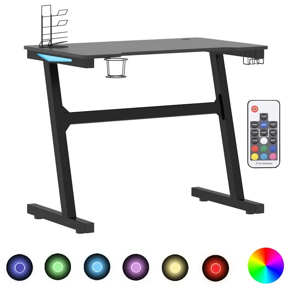Gaming Desk LED RGB Black Z Shape Legs Computer Workstation Ergonomic Design