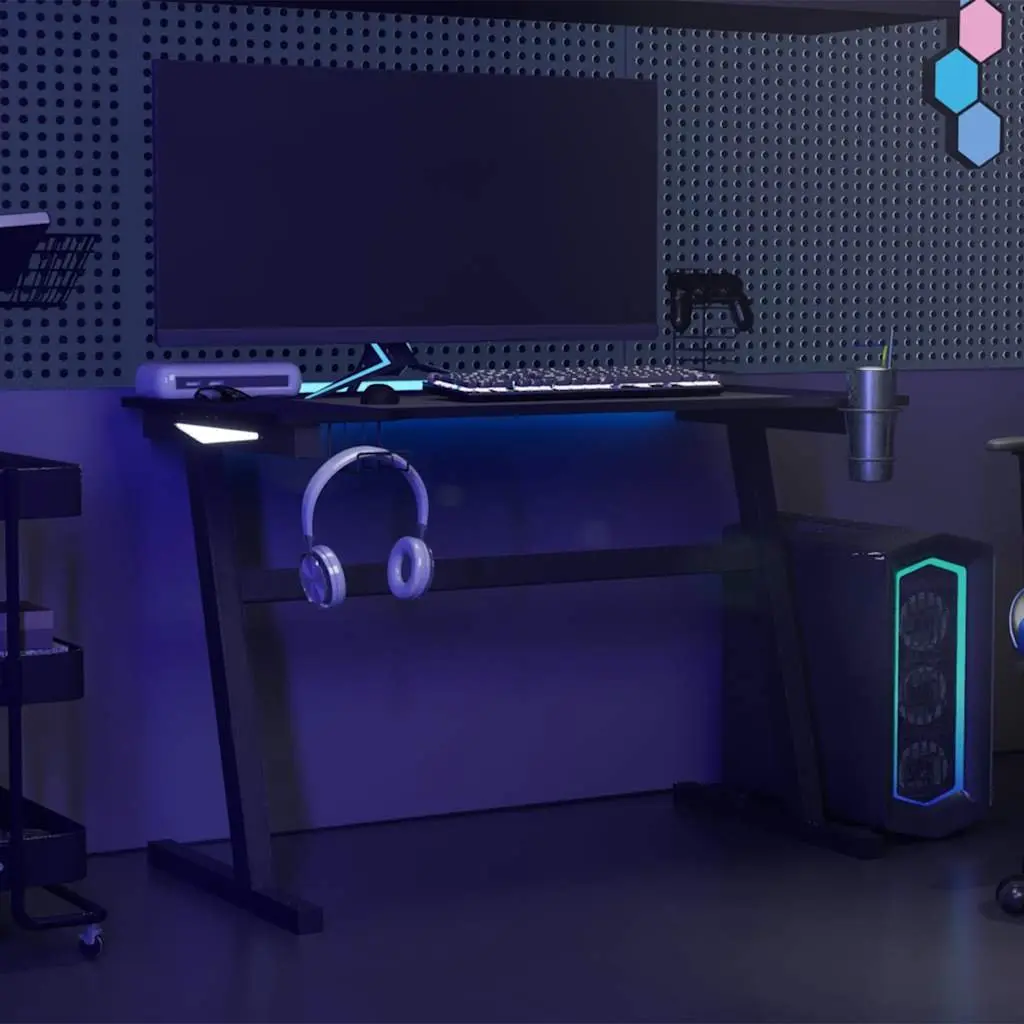 Gaming Desk LED RGB Z Shape Design Computer Workstation 110x60x75cm Black