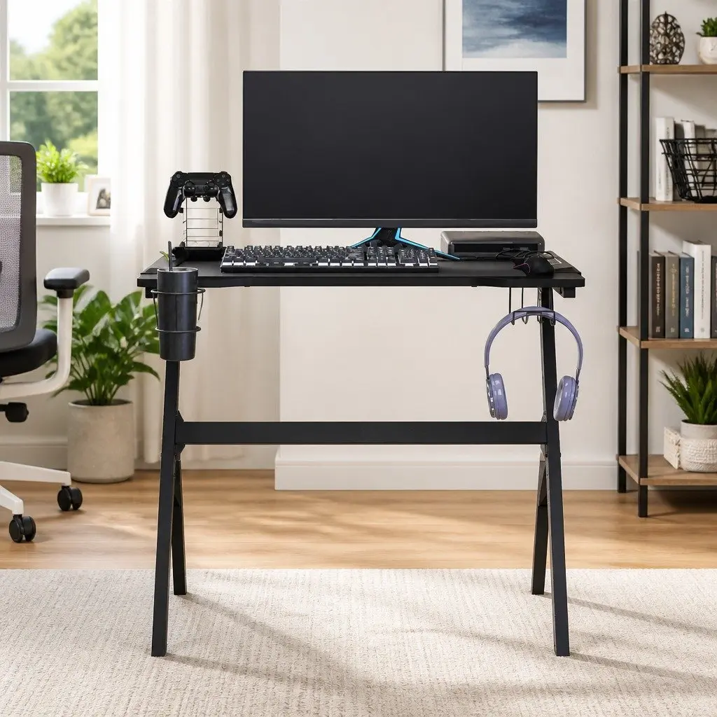 Ergonomic Black Gaming Desk with LED RGB Lighting