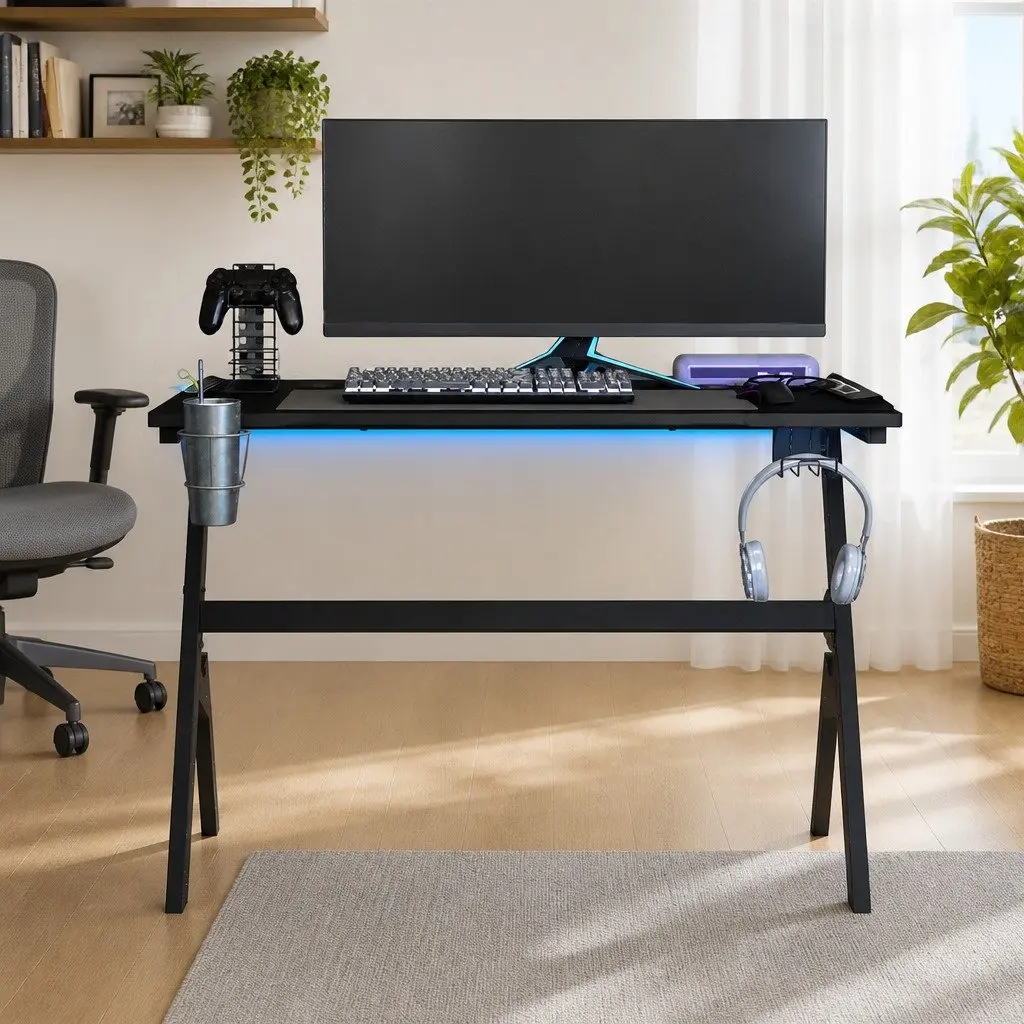 Gaming Desk LED RGB Black Y Shape Computer Workstation with Accessories Racks