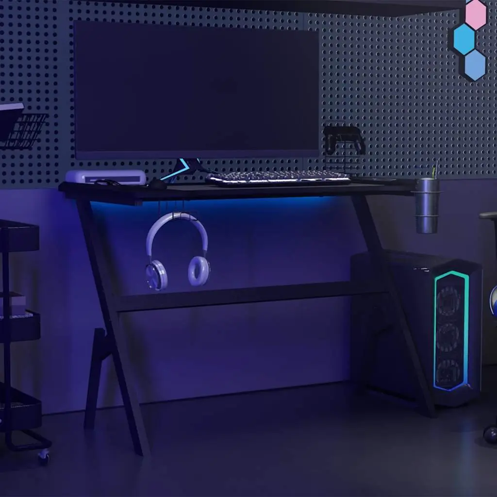 Gaming Desk LED RGB Black Y Shape Computer Workstation with Accessories Racks