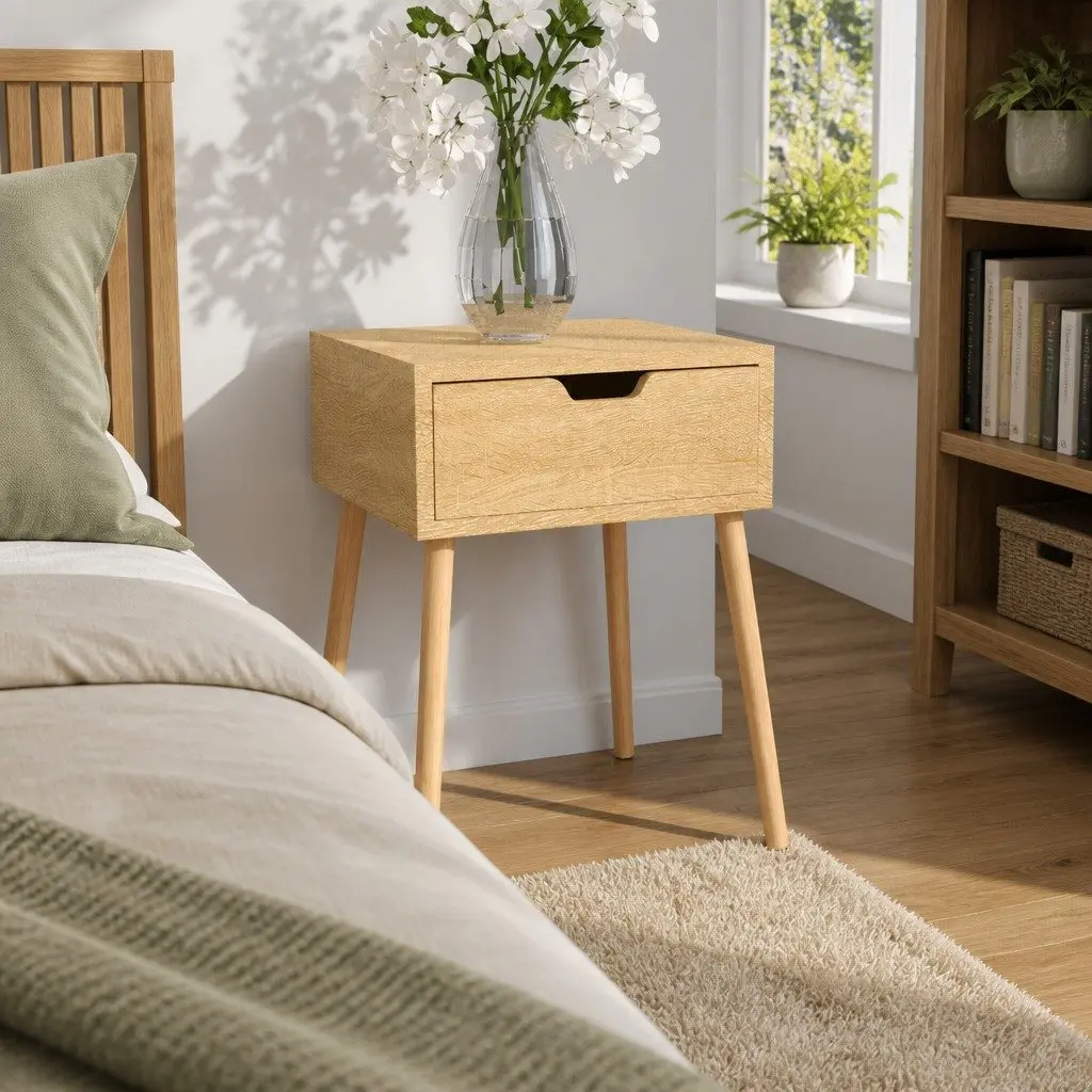 Bedside Cabinet Brown Engineered Wood Nightstand Compact Storage Table