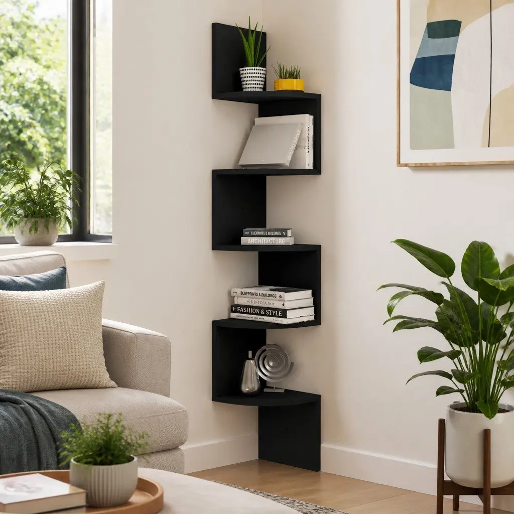 Corner Shelf Black Engineered Wood Rounded Levels 19x19x123cm Storage Unit