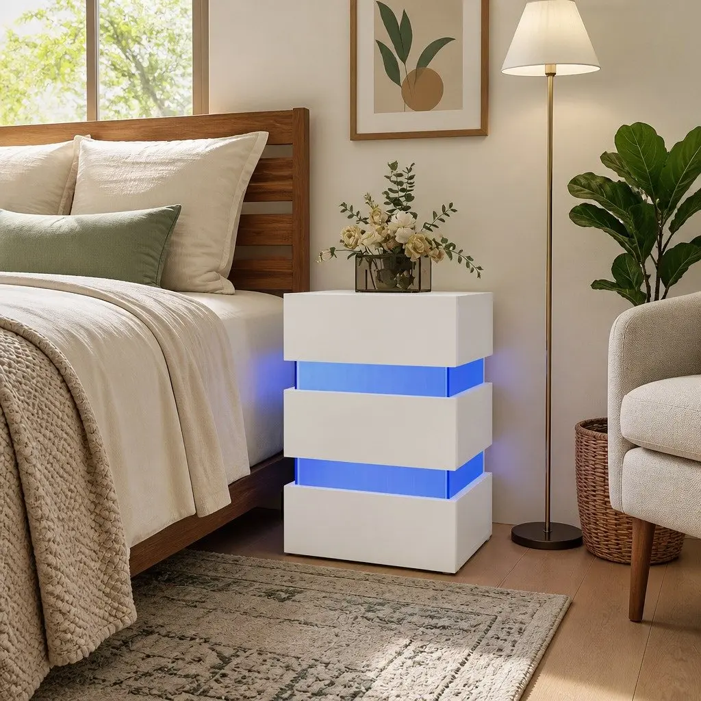 White Engineered Wood LED Bedside Cabinet with Light