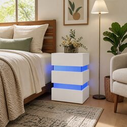 White Engineered Wood LED Bedside Cabinet with Light