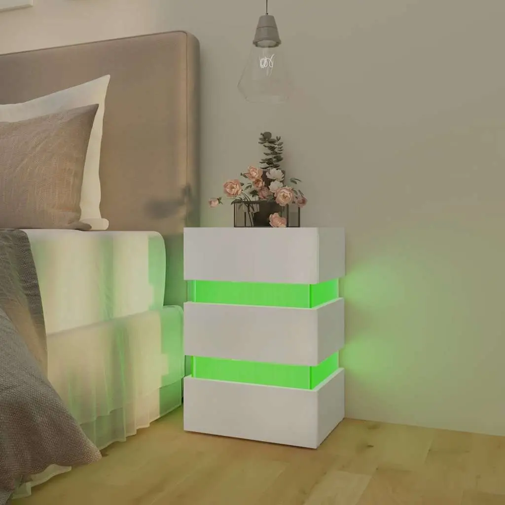 White Engineered Wood LED Bedside Cabinet with Light