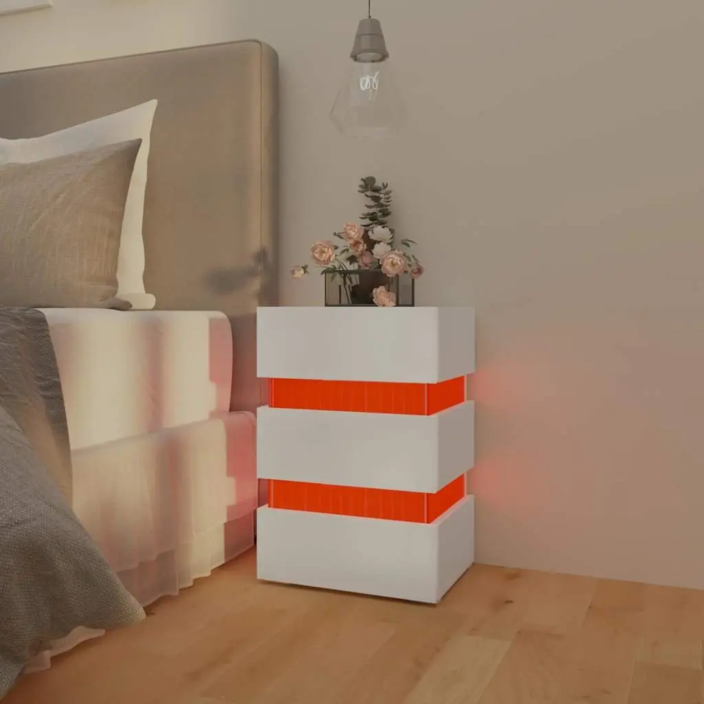 White Engineered Wood LED Bedside Cabinet with Light