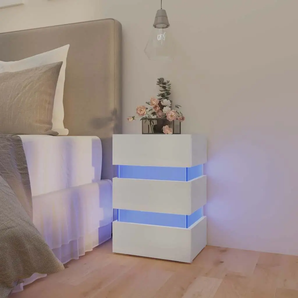 White Engineered Wood LED Bedside Cabinet with Light