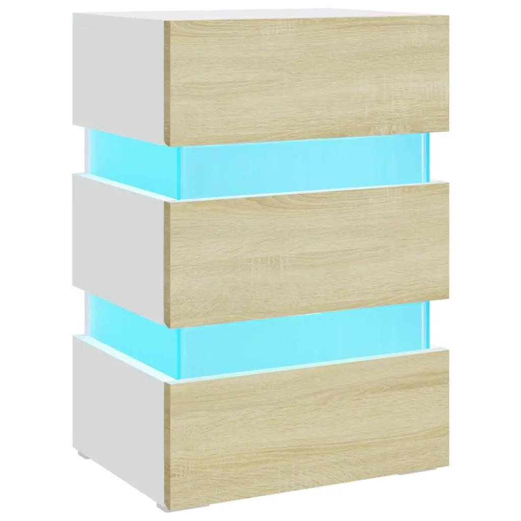 Bedside Table LED Light Storage Cabinet Engineered Wood Nightstand Beige