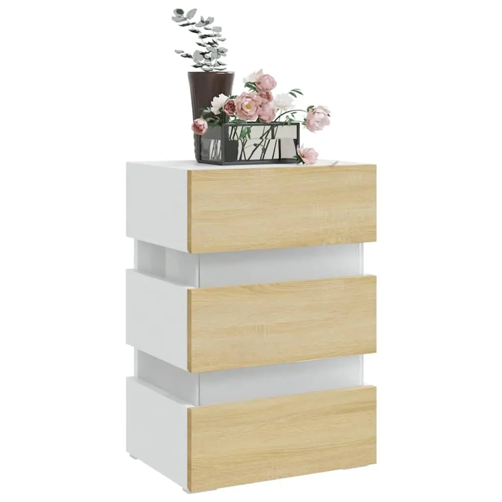 Bedside Table LED Light Storage Cabinet Engineered Wood Nightstand Beige